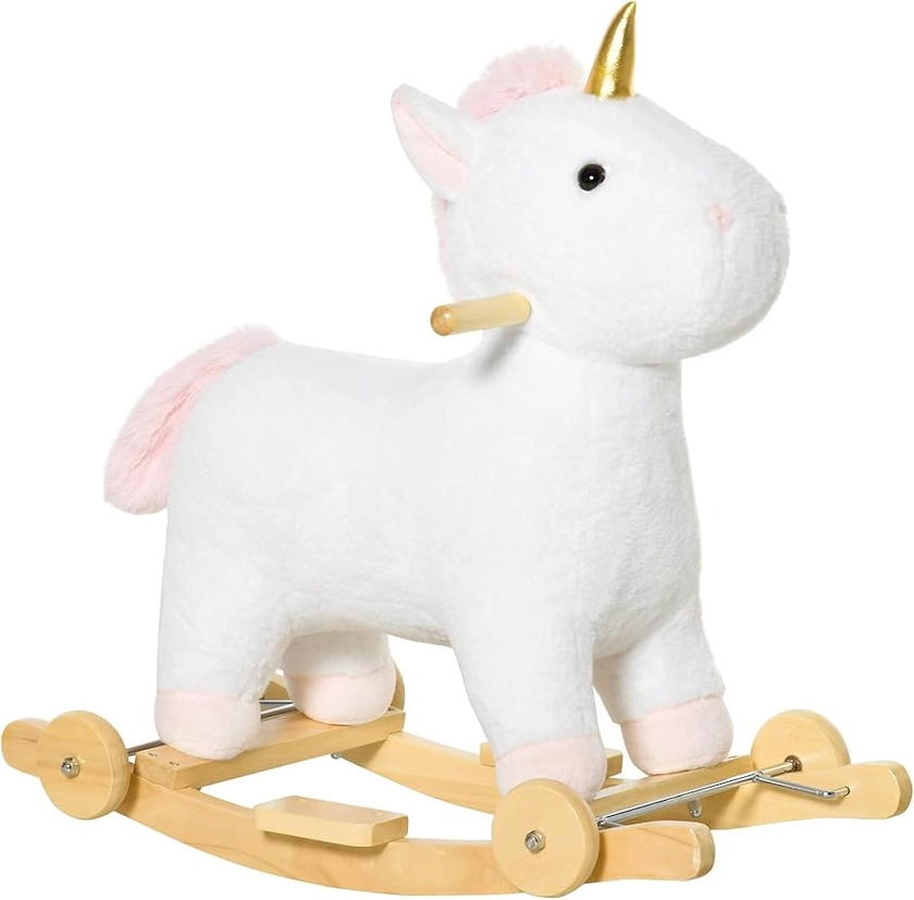 Qaba Rocking Horse, 2 in 1 Kids Ride on Horse, Rolling Unicorn Animal Rocker with Sound, Wooden Base, Pedal, Grip Handle, Plush Riding Pony for 3-6 Years Old, White