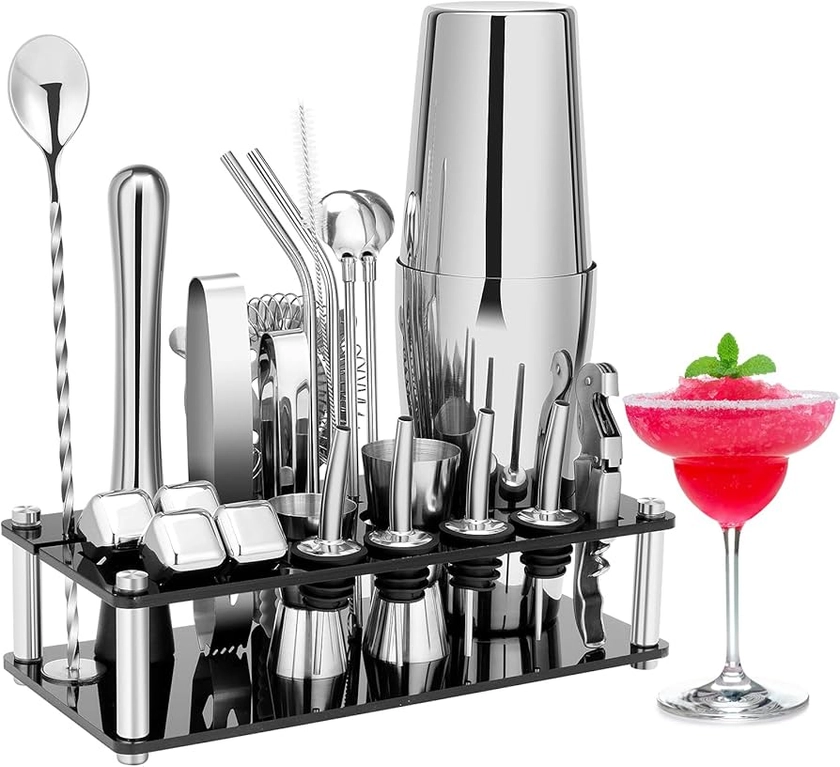 Amazon.com: Cocktail Shaker Set, 23-Piece Boston Stainless Steel Bartender Kit with Acrylic Stand & Cocktail Recipes Booklet, Professional Bar Tools for Drink Mixing, Home, Bar, Party (Include 4 Whiskey Stones): Home & Kitchen