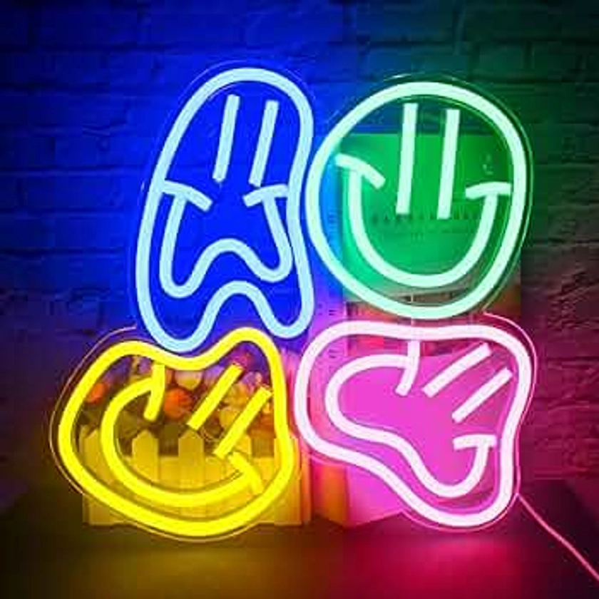 Smile Faces Neon Sign Led Distorted Happy Faces Neon Light Signs for Wall Decor Usb Light Up Signs for Kids Bedroom Aesthetic Preppy Room Decor Party Decoration Teens Gifts (Blue Green Yellow