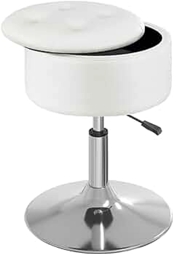 GREENSTELL Vanity Stool with Storage, 19" to 23" Height Adjustable PU Leather Vanity Chair, 360° Swivel Makeup Stool with Removeable Tray, Modern Ottoman for Bedroom Bathroom, White