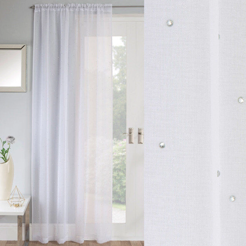 White Jewel Diamante Embellishment Voile Curtain Panels Slot Top Single Panel