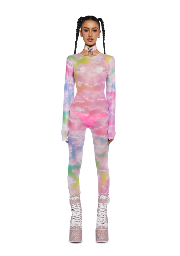 Club Exx Stretchy Sheer Mesh All Over Print Ombre Rainbow Clouds Catsuit - Multi