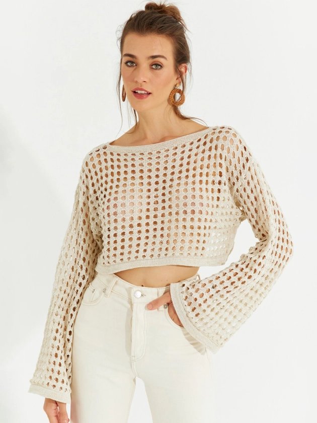 Cool & Sexy Boat Neck Pure Acrylic Flared Sleeves Crochet Crop Top
