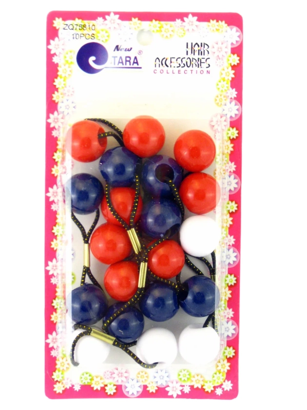 Tara 20 mm Twinbead Ball Ponytail Holder Elastics - Red, White & Blue - 10 Pcs.