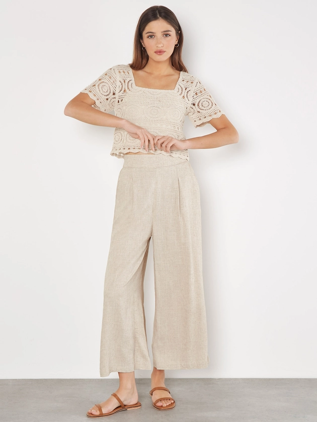 Linen Blend Cropped Palazzo Trousers | Apricot Clothing