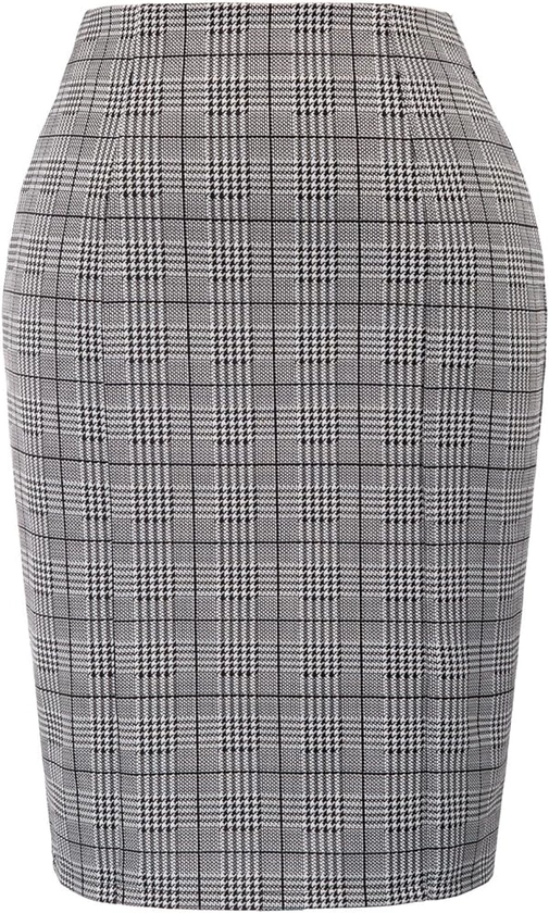 Kate Kasin Womens Knee Length Elastic Waist Stretchy Bodycon Plaid Business Pencil Skirt