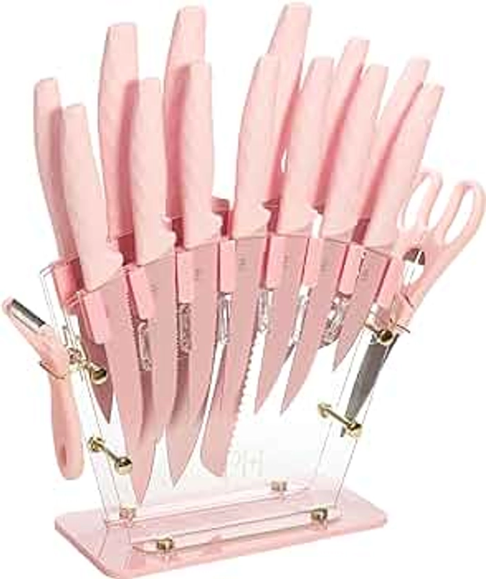 Paris Hilton Knife Block Set with Fan Style Clear Acrylic Knife Block, Premium Stainless Steel Blades with Nonstick Coating, Comfort Grip Handles, 16-Piece Set, Pink and Gold