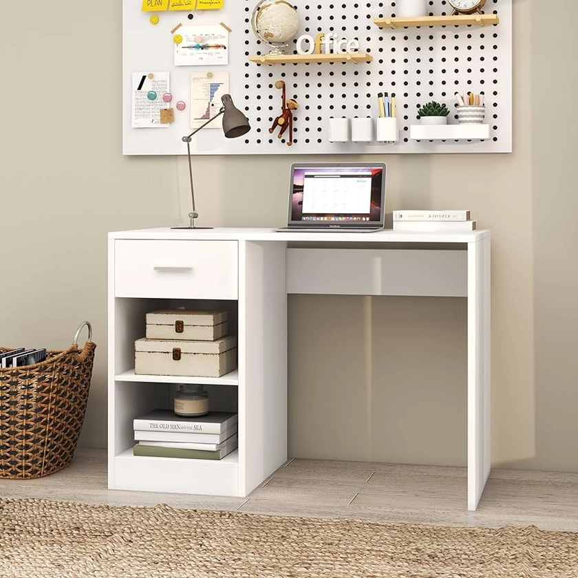 Computer Desk, Home Office PC Desk, Dressing Table, Desktop Table with 1 Drawer 2 Shelves, Bedroom Furniture (White)