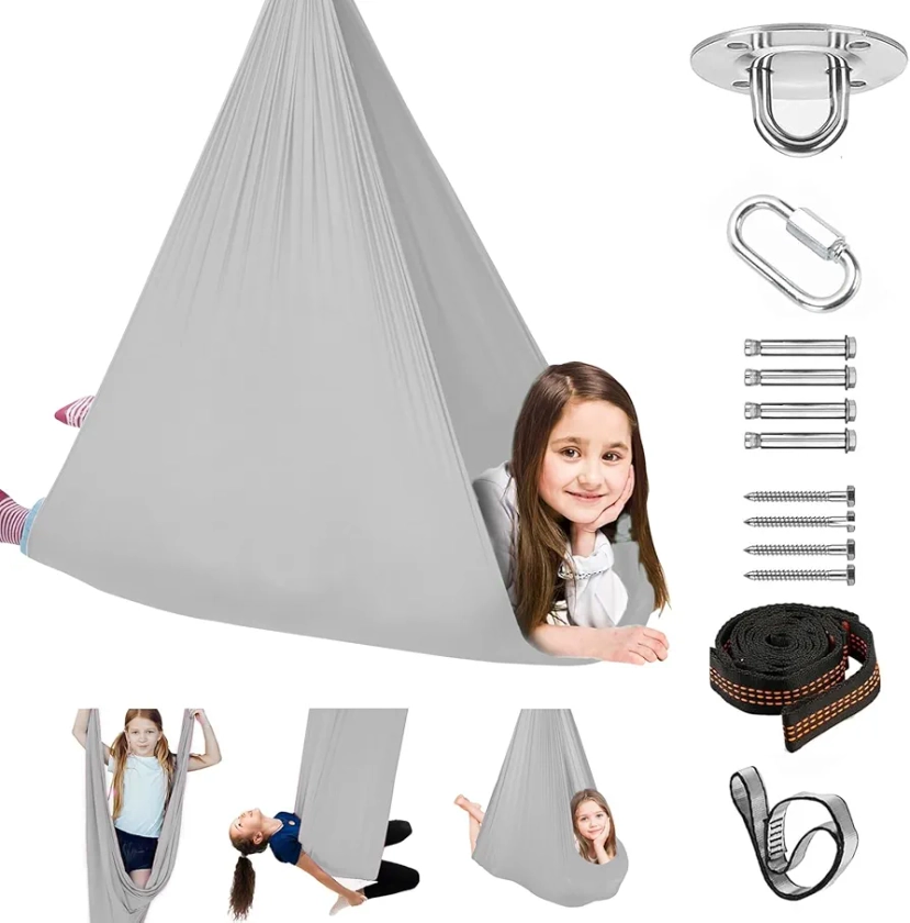 Sensory Swing Hammock Indoor Outdoor for Kids, Adjustable Sensory Swing Therapy Swing Hammock for Child & Adult with Autism Sensory Integration ADHD Aspergers (Hardware Included) (Grey)