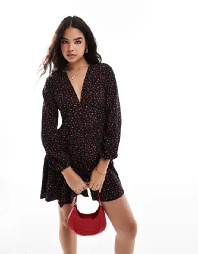 Vila smock buttondown floral mini dress in black | ASOS