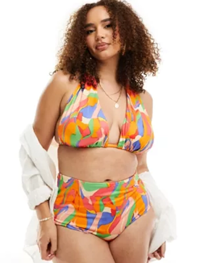 ASOS DESIGN Curve - Mix and Match - Bas de bikini taille haute à motif abstrait coloré