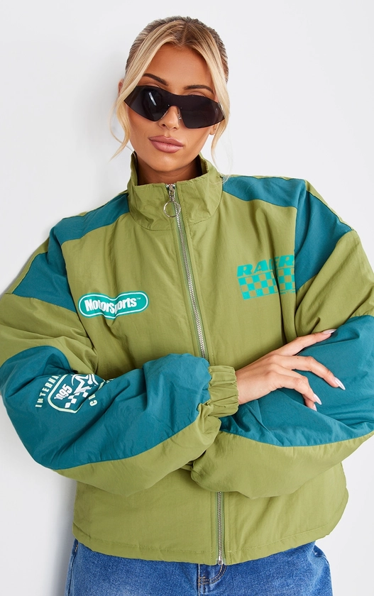 Green Nylon Oversized Racer Graphic Bomber Jacket