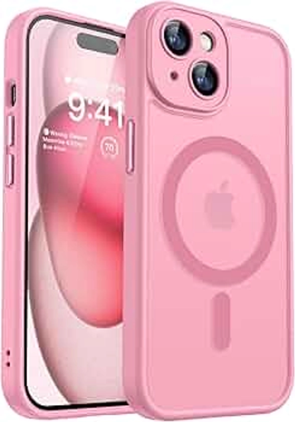 CANSHN Magnetic for iPhone 15 Case, Upgraded [Full Camera Protection] [Compatible with Magsafe] [Translucent Matte] Shockproof Protective Phone Case for iPhone 15 6.1" - Pink