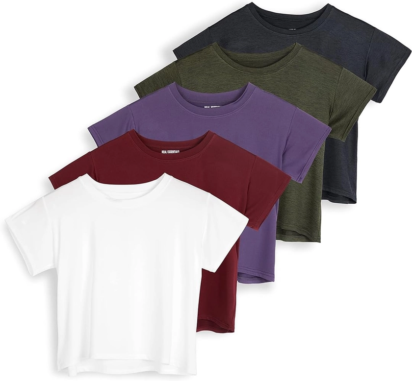 Real Essentials 5 Pack: Women's Dry Fit Crop Top - Short Sleeve Crew Neck Stretch Athletic Tee (Available in Plus Size)