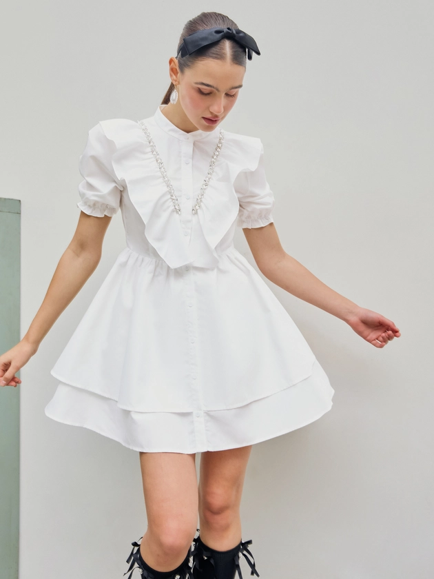 Woven Solid Puff Sleeve Ruffle Rhinestone Dress For School Daily Casual