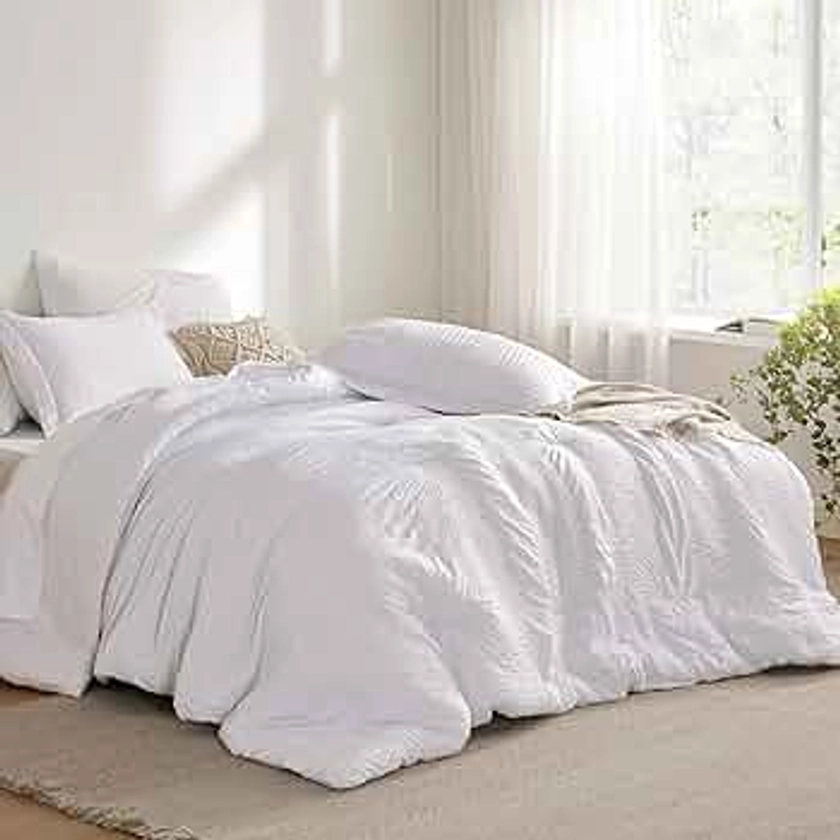 Bedsure Twin XL Comforter Set - Twin XL Bed in a Bag 5 Pieces Stripes Seersucker Bedding Set, Soft Lightweight Down Alternative Comforter, Twin XL Bed Set (White, Twin XL)