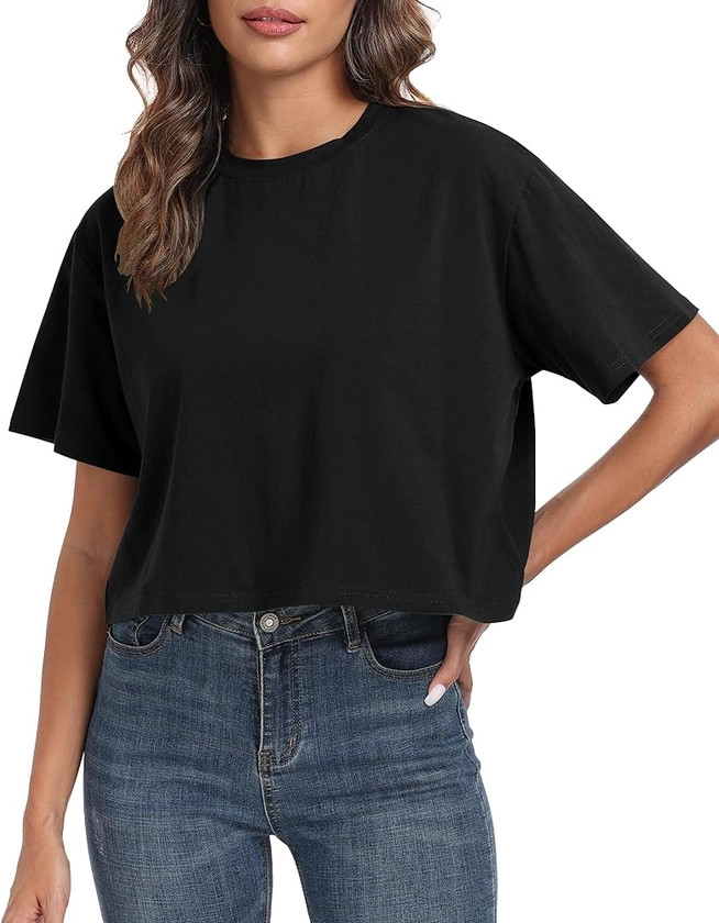 PRIMODA Women's Oversized Workout Black Cropped T Shirts Crew Neck Short Sleeve Casual Loose Summer Crop Tee Tops Cotton, S at Amazon Women’s Clothing store