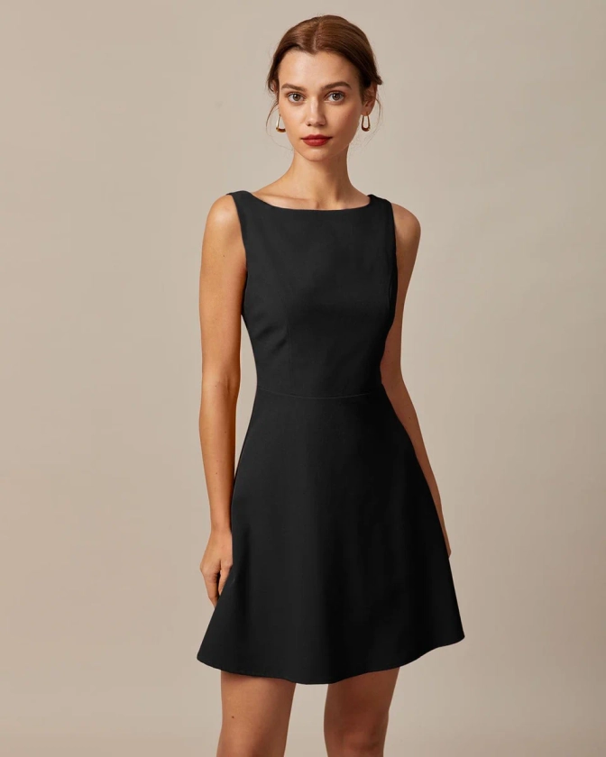 The Black Boat Neck High Waisted Mini Dress - Boat Neck Sleeveless A Line Backless Mini Dress - Black - Dresses | RIHOAS