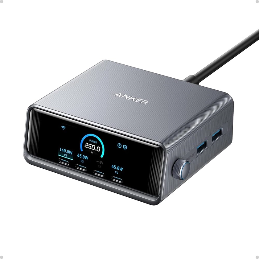 Chargeur USB C 250W Anker Prime, Station de Recharge Ultra-Rapide 6 Ports GaN, écran LCD 2,26", molette de contrôle Intelligente, MacBook Pro/Air, iPhone 16/15/14, Pixel, Galaxy, Apple Watch, et Plus