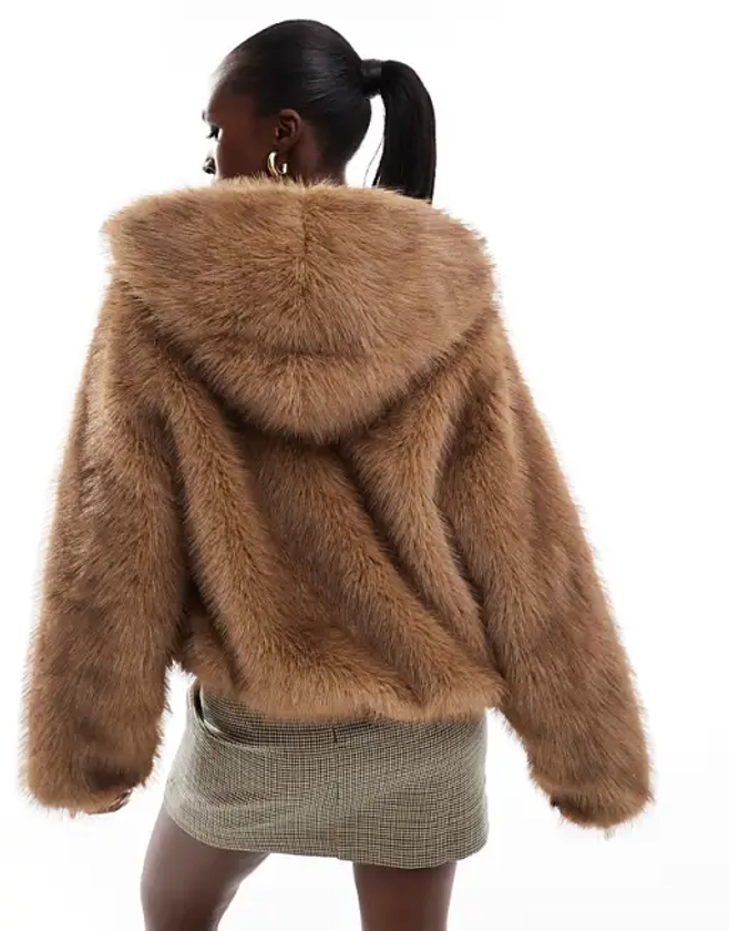 AZALEA WANG Sugar cropped faux fur coat with hood in tan | ASOS