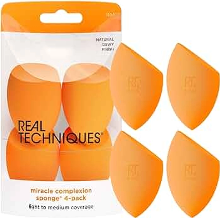 Real Techniques Miracle Complexion Sponge 4 Pack Set, Makeup Blending Sponge For Liquid & Cream Foundation, Buildable Coverage, Natural Base, Stocking Stuffer, Cruelty- Free & Latex-Free Foam