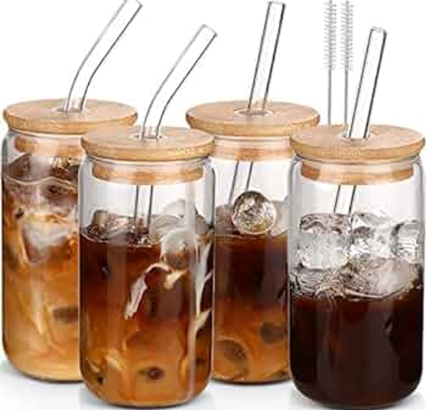 Glass Cups with Lids and Straws 4 pcs,16 oz Glass Cups for Coffee Bar Accessories-DWTS DANWEITESI Iced Coffee Cups with Lids,Drinking glasses Set,Coffee Cups Glass Tumbler with Straw and Lid for Gifts