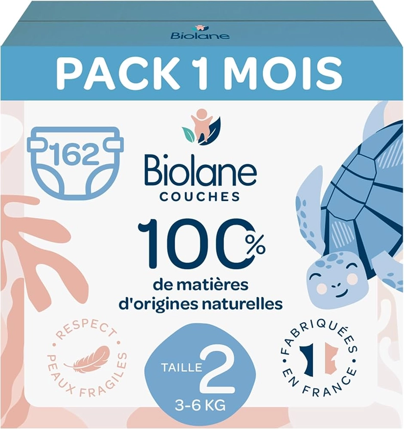 BIOLANE - Couches Taille 2 - (3-6 kg) - Peaux Sensibles - Ultra-Absorbant, Pas de Fuite, 12h au Sec - Pack 1 mois 162 couches - Fabriqué en France