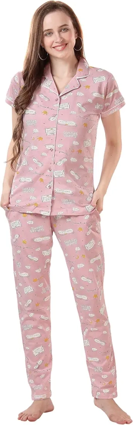 Buy Style Dunes Cotton Night Suit for Women - Printed Shirt and Pyjama Set (Front Open Collar Night Suit) at Amazon.in