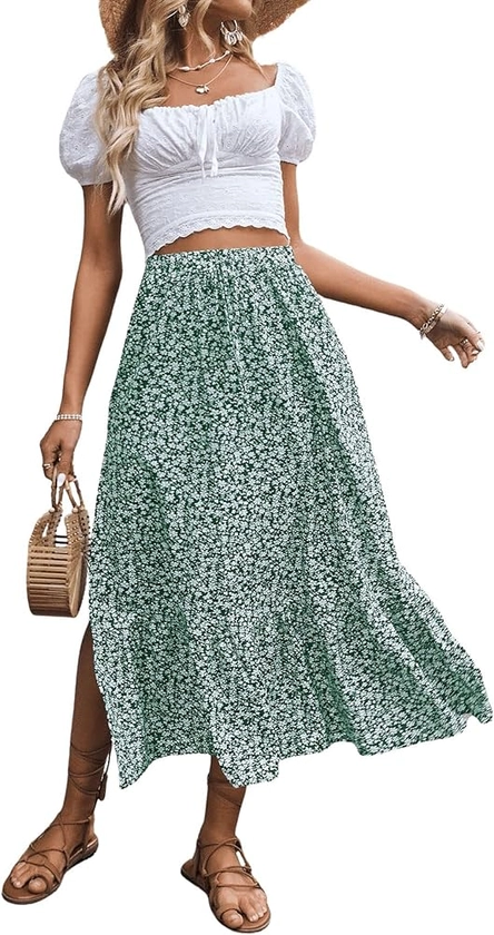 SweatyRocks Women's Casual High Waist Floral Print Skirt Split Thigh A Line Maxi Skirts