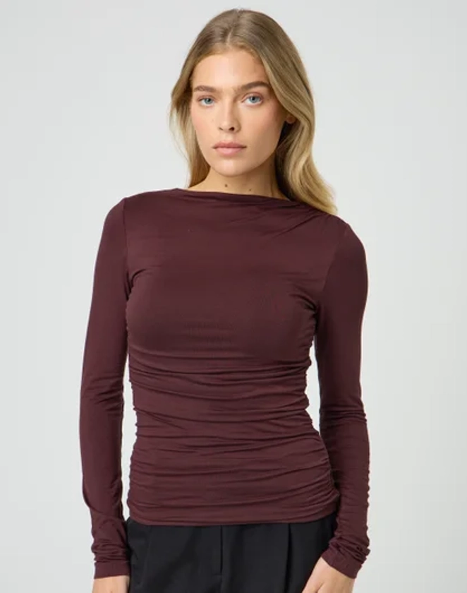 Ruched High Neck Long Sleeve Top in Autumn Maple | Glassons