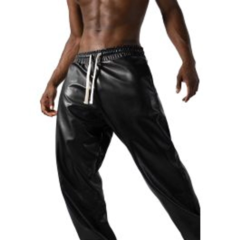 Black Faux Leather Joggers in Baggy Fit