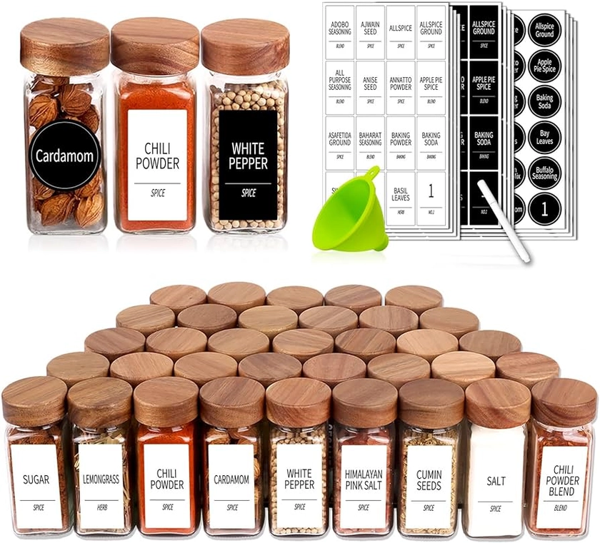 Amazon.com: Churboro 48 Spice Jars with 547 Labels and Shaker Lids - Glass - 4 Oz Square Containers with Acacia Wood Lids, Chalk Pen, Funnel Seasoning Jars for Spice Rack, Cabinet, or Drawer : Home & Kitchen