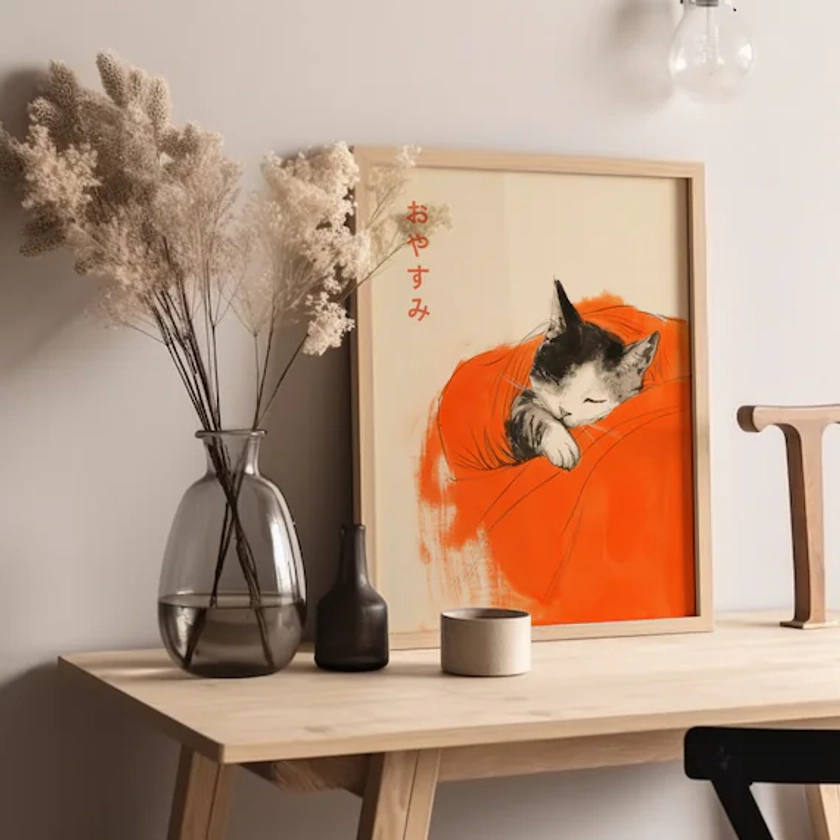 Oyasumi Cat Print, Japanese Goodnight Cat Art, Vintage Japanese Cat Poster, Cozy Quote Wall Art, Japanese Woodblock Print, Oriental Art