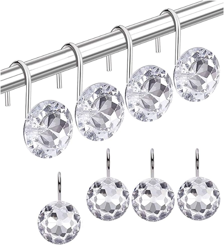 Shower Curtain Hooks,Metal Electroplate Rust-Resistant Crystal Shower Curtain Rings for Bathroom Bedroom Home Decoration，Set of12PCS