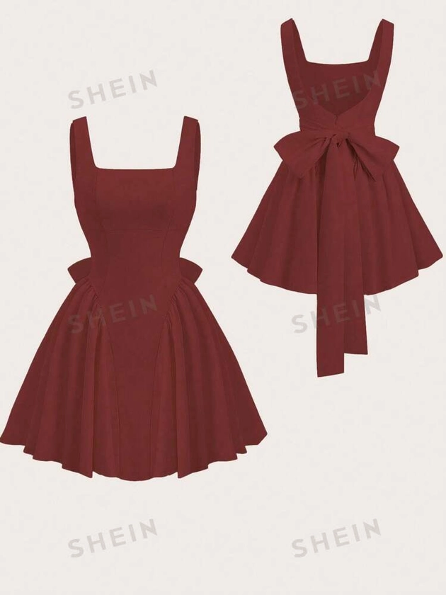 SHEIN Sweetro Women's Solid Color Square Neck Backless Bow Tie Summer Dress