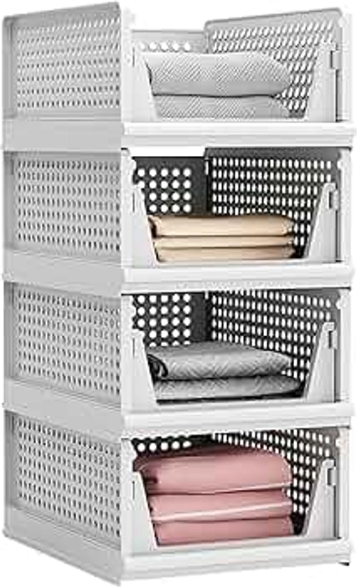 4 Pack Stackable Plastic Storage Basket Closet Organizer Bin Foldable Clothes Organizer Storage Drawer Shelf Container for Living Room Bathroom Kitchen Office (4L)