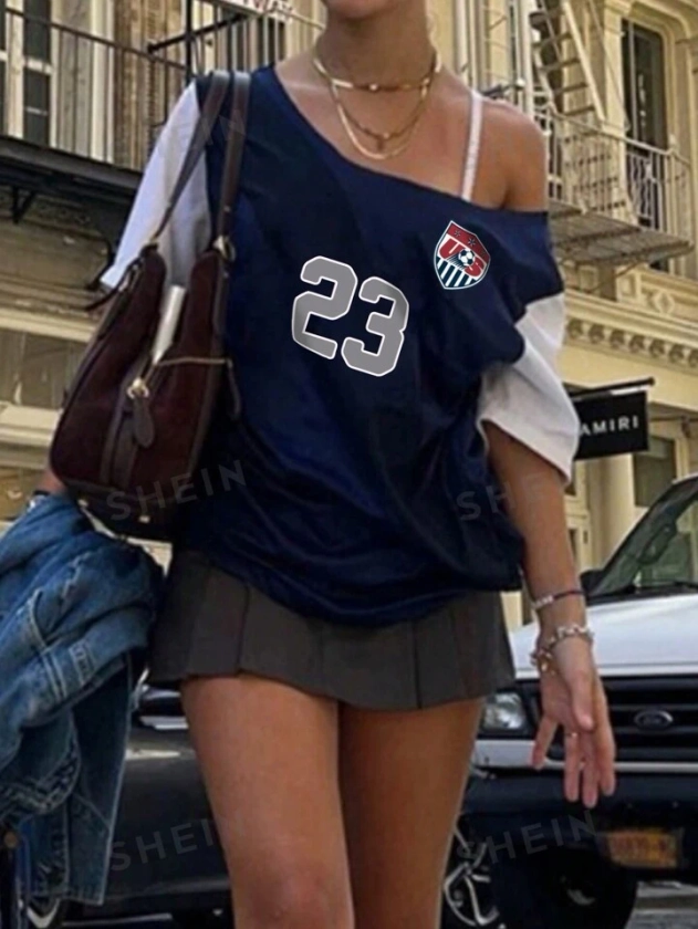 SHEIN EZwear Women's Asymmetric Collar Contrast Color Numeric Print Summer Short Sleeve T-Shirt | SHEIN USA