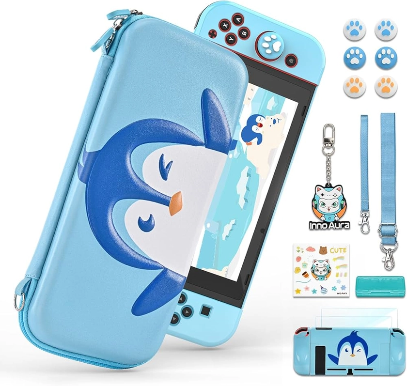 Carrying Case for Switch, innoAura Switch Accessories Set with Switch Storage Case Portable, Switch Protective Cover Blue, Cute Shell, Switch Screen Protector & Game Case (Penguin Blue-White): Amazon.co.uk: Electronics & Photo