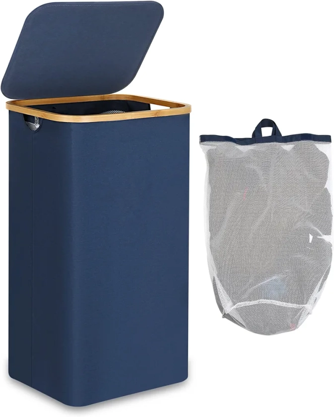 efluky sac Panier à Linge Sale pliable, 100L Grand XL avec Poignées en Bambou pour Vêtements, bac a linge laundry basket, Bleu