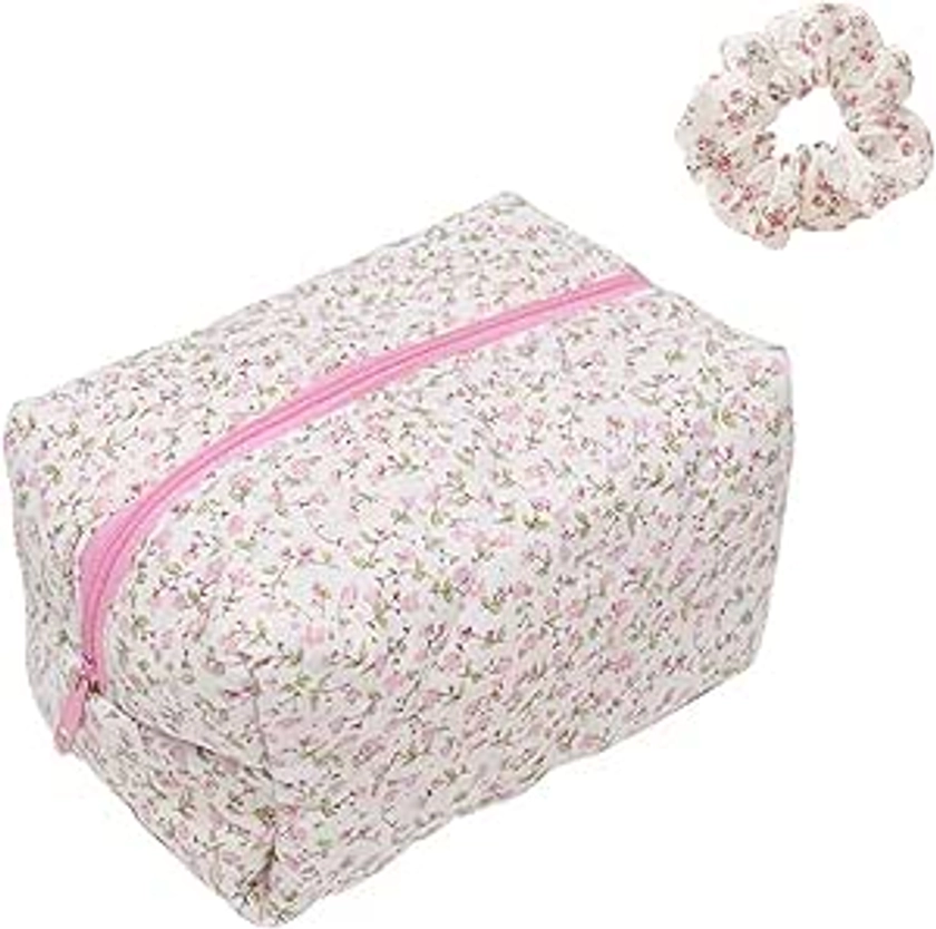 MHDUYEG Trousse Toilette Femme Fleurie, Trousse de Maquillage Fleurie Trousse a Maquillage Femme, Grande Capacité Makeup Bag, Coton Doux Trousse de Toilette Matelassée pour Enfants, Femmes (Rose)