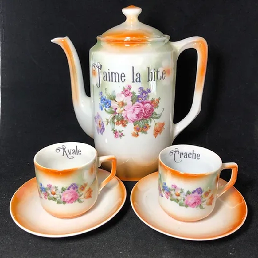 J'aime la bite espresso set, Unique upcycled vintage porcelain, funny rude gift | Durrant & Dove