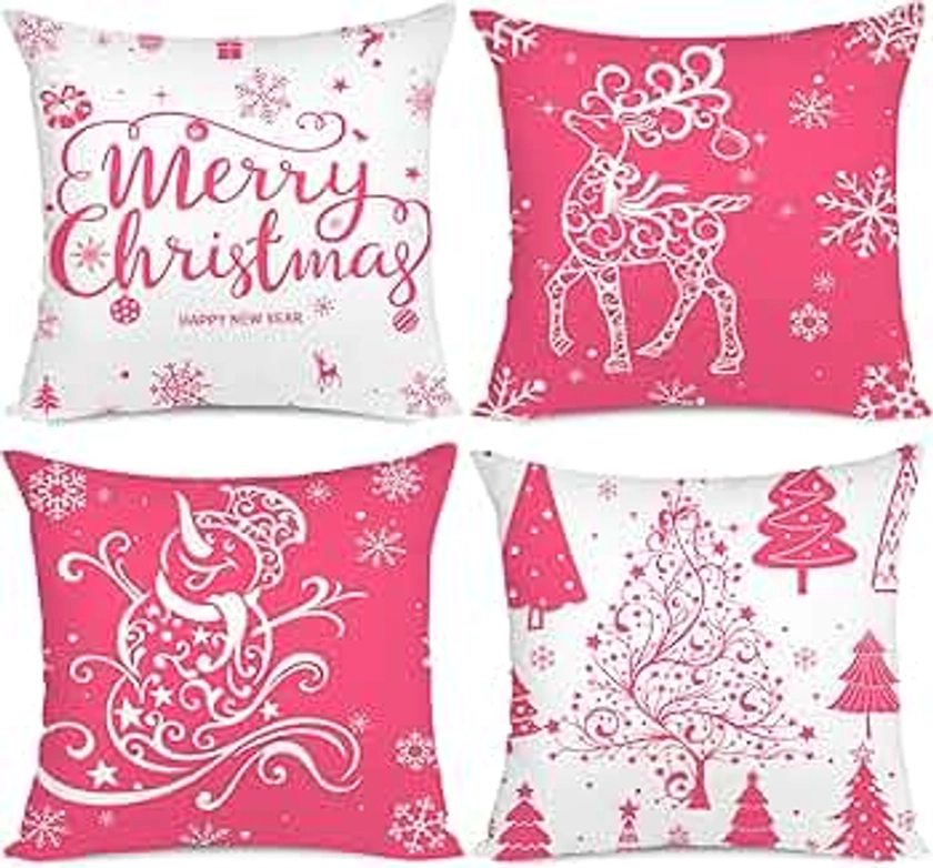 Artmag Pink Christmas Throw Pillow Covers 18x18 Set of 4 Christmas Decoration Trees Deer Snowman Merry Christmas Decorative Holiday Farmhouse Pillow Covers for Holiday Christmas Decoration