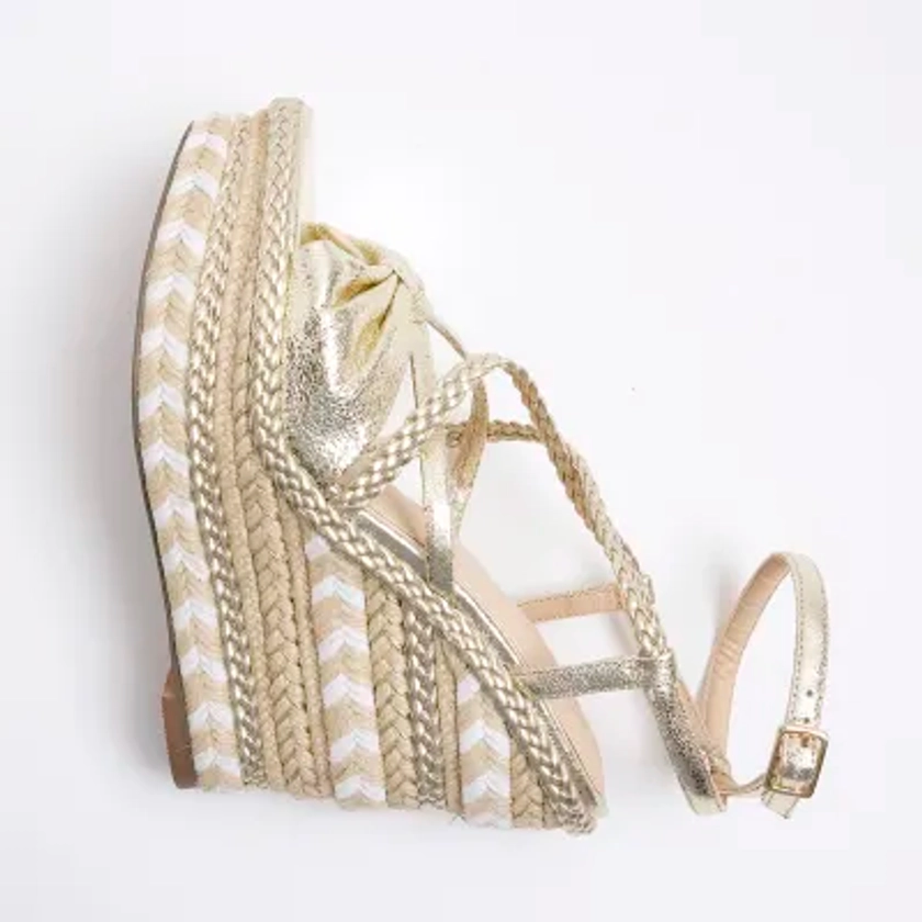 Gold strappy espadrille wedge sandals