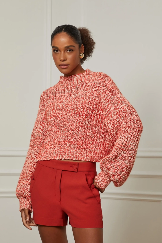 Pull De Tricot Curto Com Detalhe Manga Maxi Coral