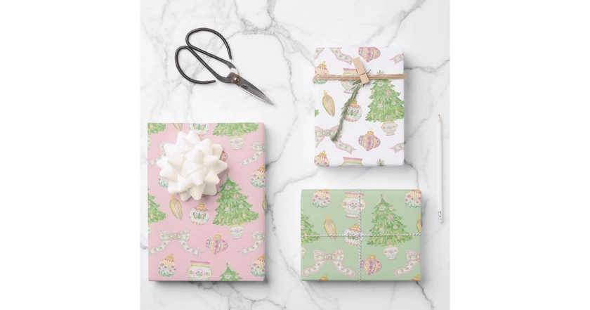 Watercolor Pink Chinoiserie Baubles Christmas Tree Wrapping Paper Sheets | Zazzle