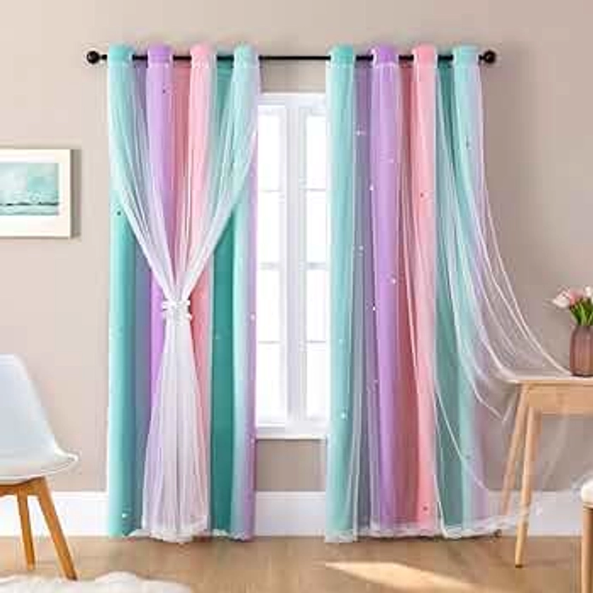 XiDi Curtains for Girls Bedroom Decor, Rainbow Curtains for Kids Room Decor, Purple Blackout Curtains for Little Girl Room, Unicorn Wall Decals Pink Curtains Green, 63 Inches Long 34 Wide 1 Panel