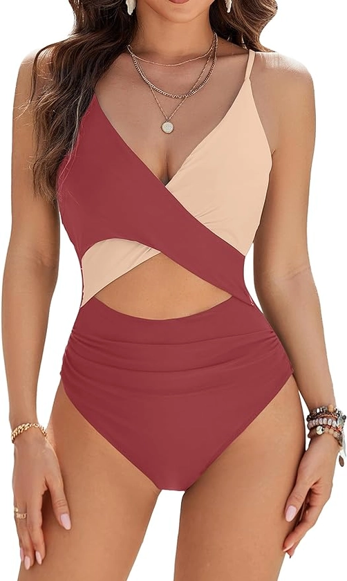 Blooming Jelly Womens One Piece Swimsuit Sexy Cutout High Cut Color Block Bathing Suits Cheeky Cute Ladies Monokini Swimwear (Small, Rust) at Amazon Women’s Clothing store