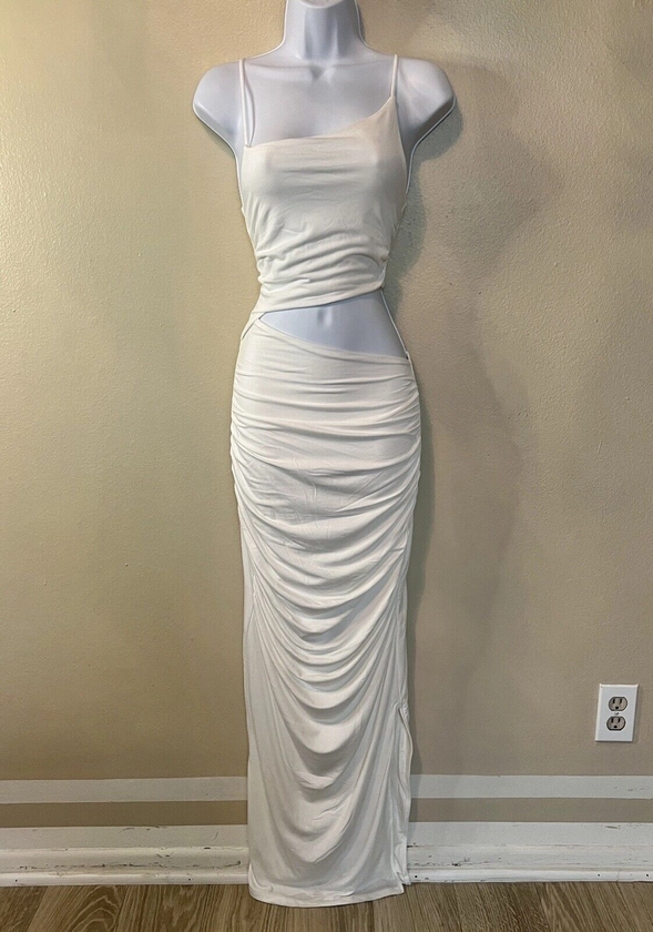 Vintage  BEBE Y2K White Draped Rushed Grecian Style SoftKnit Maxi Dress CutOut S