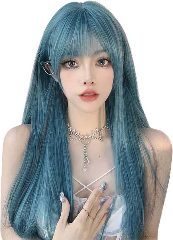 Amazon.co.jp: Hawkko Long Straight Wig, Full Wig, Natural Cosplay, Women's, Wig, Small Face, Popular, Heat Resistant Wig, Harajuku Style, Fashion, Net Included (Mermaid Blue) : Beauty