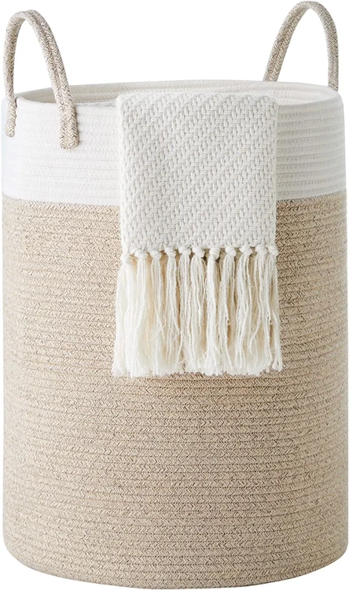 YOUDENOVA Cotton Rope Basket Large Blanket Basket Woven Storage Basket Toy Storage Organiser Nursery Decor Laundry Hamper with Handle 58L (38cm(D) x50cm(H), White & Brown) : Amazon.co.uk: Home & Kitchen